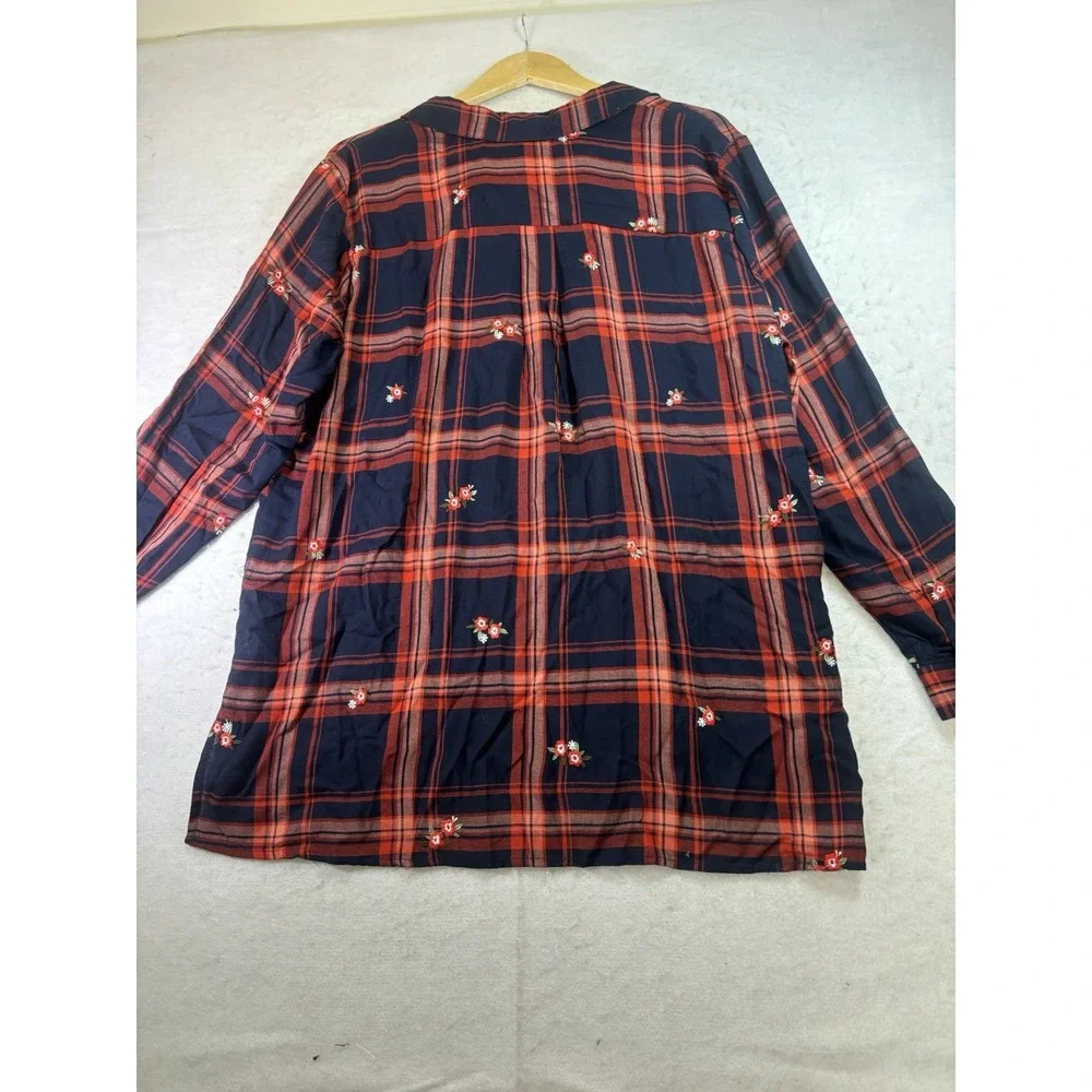 Christopher & Banks Women's Plaid Embroidered L/SL Shirt Size XL Navy/Red NWT